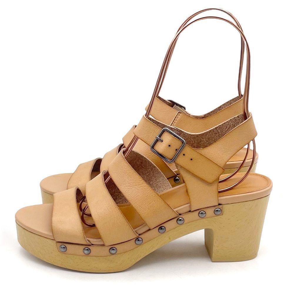 J. Crew The Chloe Clog Platform Strappy Sandal in Saddle Tan Faux Leather Size 7